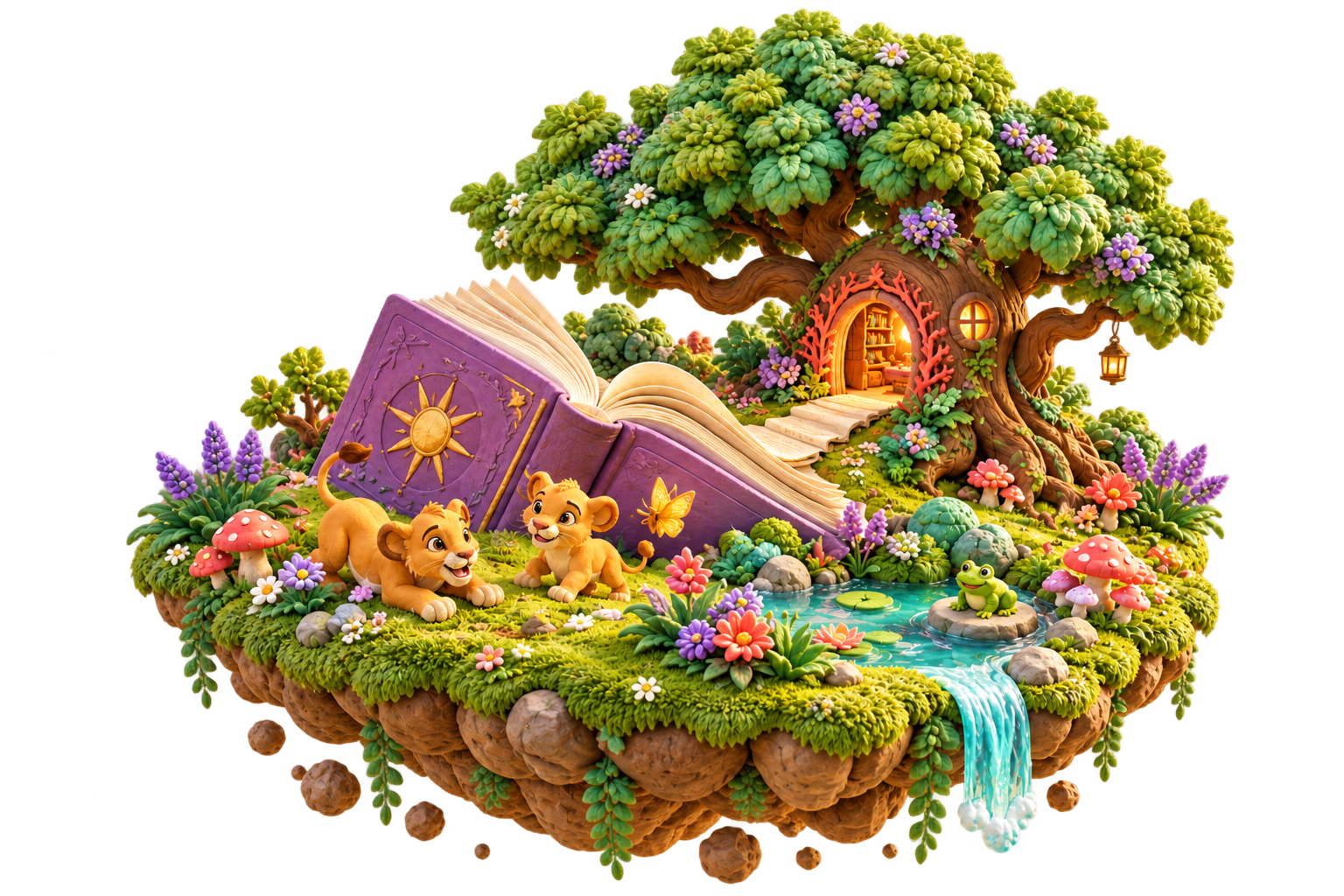 A magical floating clay garden with a giant purple storybook, lion cubs, a frog, and a tiny door in a story tree